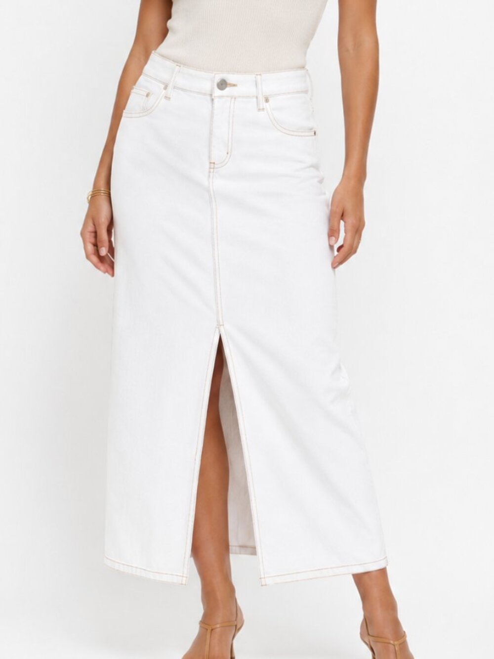 Rachel Zoe White Denim Midi Skirt Front Slit Stretch Cotton Size 16 NWT